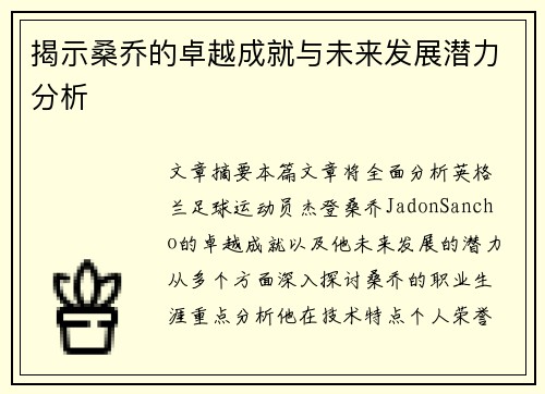 揭示桑乔的卓越成就与未来发展潜力分析