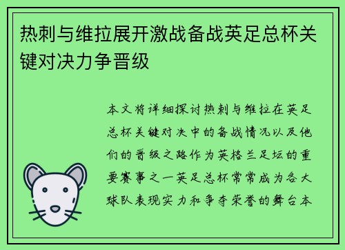 热刺与维拉展开激战备战英足总杯关键对决力争晋级