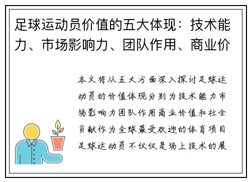 足球运动员价值的五大体现：技术能力、市场影响力、团队作用、商业价值与社会贡献